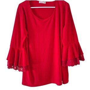 89th & Madison Bell Sleeve Top Womens XL Red Excellent Lace Trim Ruffle Blouse